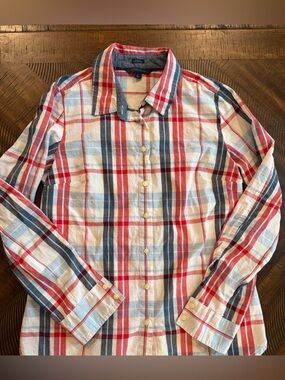 Tommy Hilfiger Plaid Button Down Shirt Womens Medium Classic Fit Cotton Red Blue